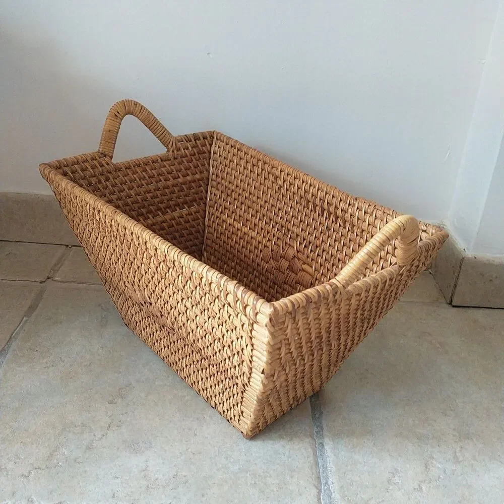 Wicker Rattan Basket Tight Braid Double Handle Rectangle Brown Cottage Indonesia